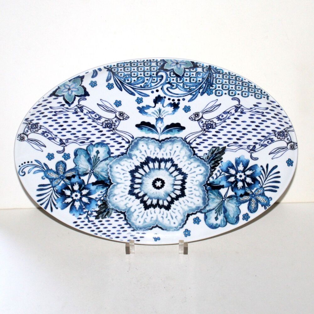 Pier 1 Blue Hare Platter Serving Dish Tray rabbit bunny floral porcelain